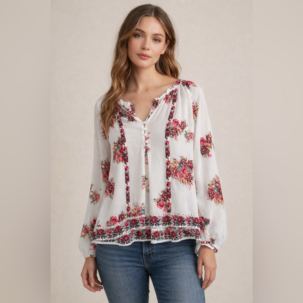 Joie White and Red Floral Blouse